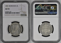 ROMANIA Carol I (1866-1914) 2 Lei 1901 zecca Bucarest Ag Gr.10. SCHAFFER/STAMBULIU 53; KM#25. NGC AU55 (n.6636877-001). (Tiratura 12.000). Estremament...