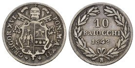 BOLOGNA. Stato Pontificio. Gregorio XVI (1831-1846). 10 Baiocchi 1842. Ag. Gig. 130. RR. qBB