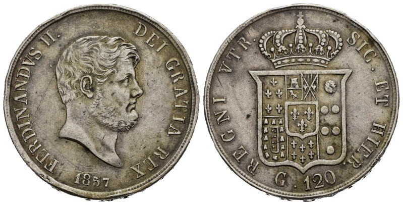 NAPOLI. Ferdinando II di Borbone (1830-1859). Piastra da 120 grana 1857. Ag. Mag...