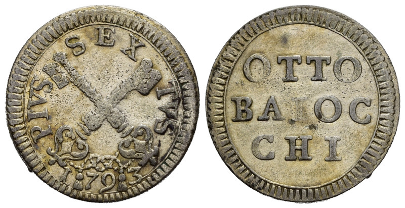 ROMA. Stato Pontificio. Pio VI (1775-1799). Muraiola da 8 baiocchi 1793. Mi (5,1...