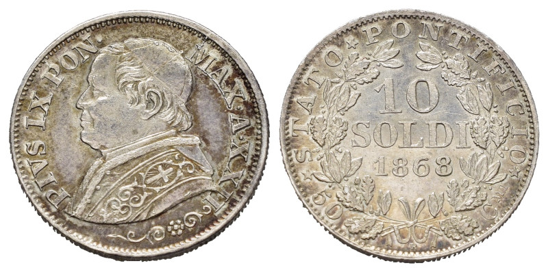 ROMA. Stato Pontificio. Pio IX (1846-1878). 10 soldi 1868 A.XXII. Ag. Gig. 307. ...
