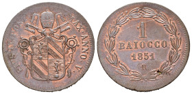 ROMA. Stato Pontificio. Pio IX (1846-1878). Baiocco 1851 A.V. Cu. Gig. 228. Conio stanco, qFDC