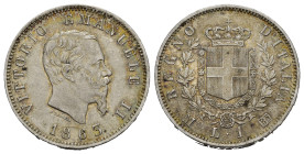 Regno d'Italia. Vittorio Emanuele II (1861-1878). Milano. 1 lira 1863 M "Stemma". Ag. Gig. 64. SPL-FDC