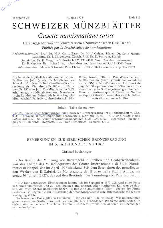 BOEHRINGER C. - Bemerkungen zur Sizilischen bronzepragung im 5 jahrhundert v. Ch...