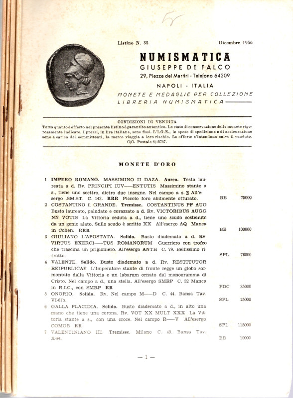 DE FALCO G. - 4, listini a prezzo fisso dal 35 Dicembre 1956 al n 38 Settembre 1...