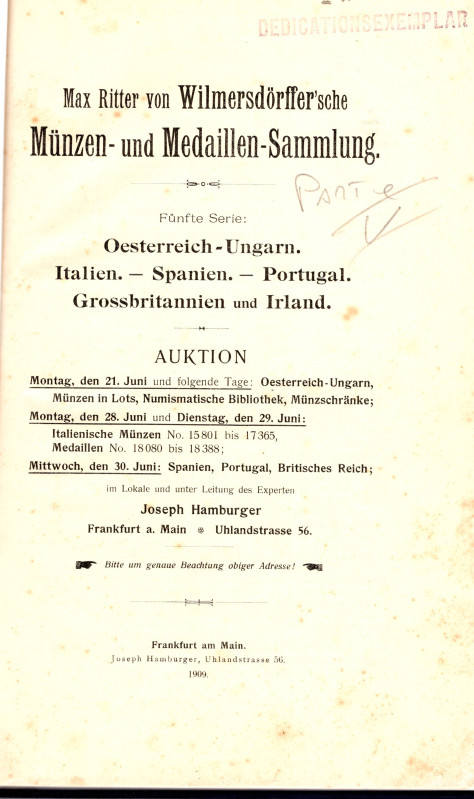 HAMBURGER J. - Max Ritter von Wilmersdorffer'sche. Minzen und medailllen - samml...