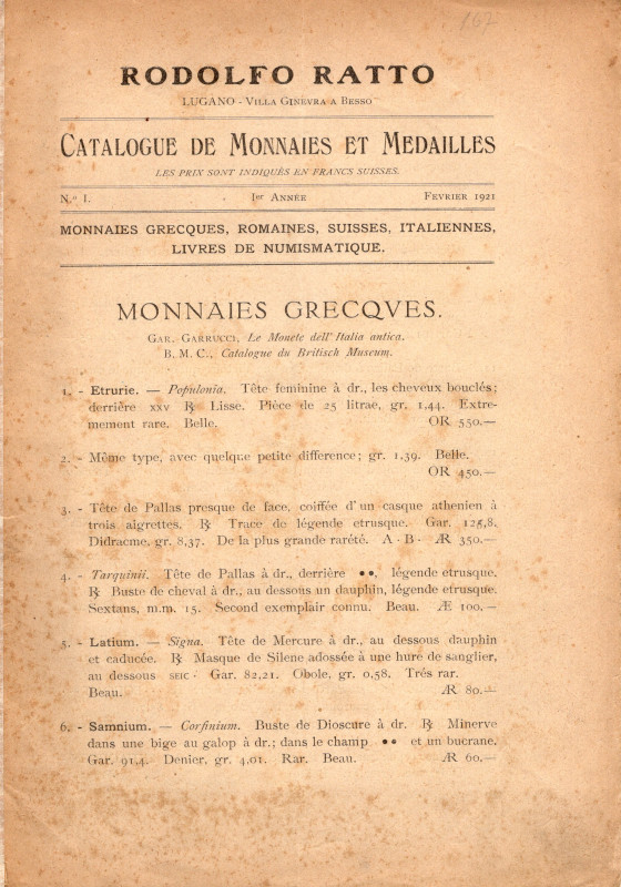 RATTO R. – Lugano, 1921. I Année. Listino a prezzi fissi. N 1. Juillet, 1921. Mo...