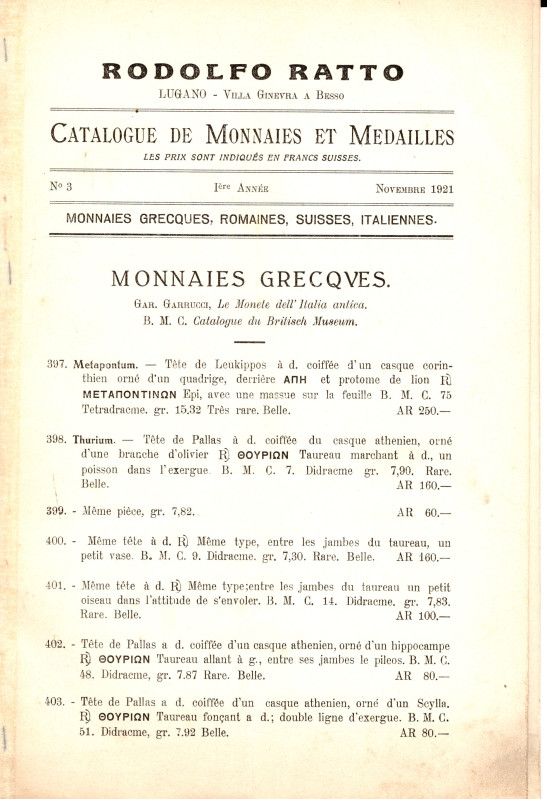 RATTO R. – Lugano, 1921. I Année. Listino a prezzi fissi. N 3. Novembre, 1921. M...