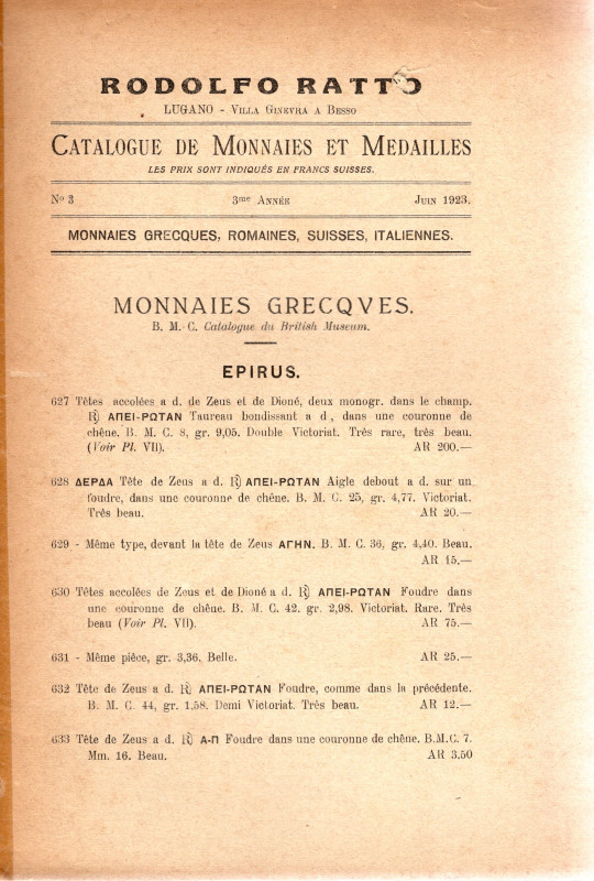 RATTO R. – Lugano, 1922. III Année. Listino a prezzi fissi. N 3. Juin, 1923. Mon...