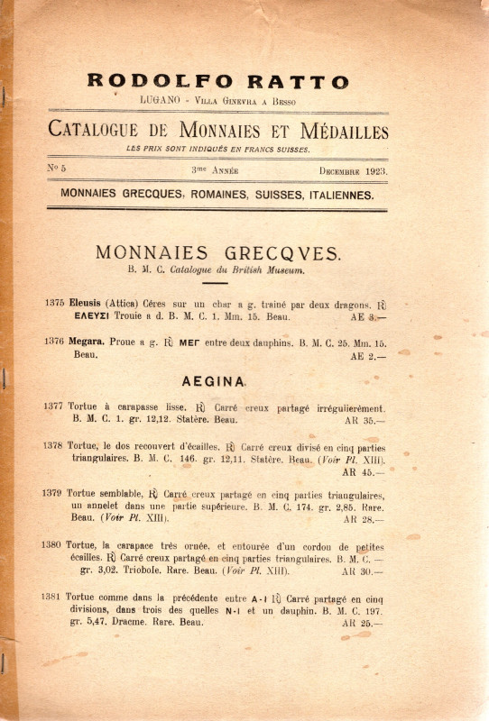 RATTO R. – Lugano, 1922. III Année. Listino a prezzi fissi. N 5. Decembre, 1923....