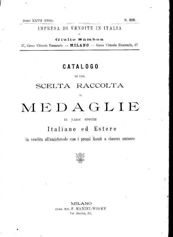 SAMBON GIULIO – Milano 1904. Catalogo di una scelta raccolta di medaglie di vari...