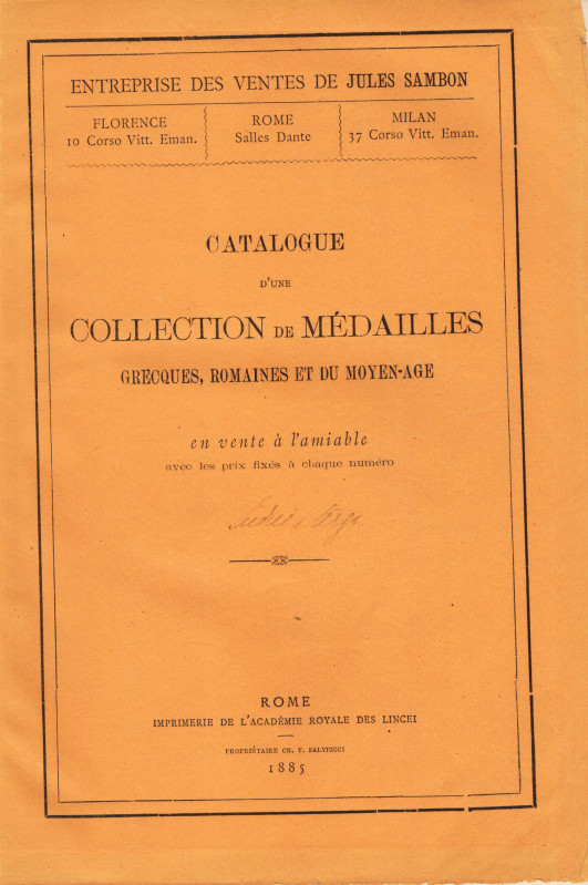 SAMBON JULES – Roma 1885. Catalogues a prix fixes d’une collection de medailles ...