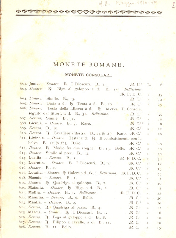 SANTAMARIA P & P. Listino a prezzi fissi N. - Maggio, 1930. Monete romane e zecc...