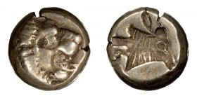 Lesbos, Mytilene. ; Lesbos, Mytilene; c. 521-478 BC, EL Hekte, 2.54g. Bodenstedt-24d. Obv: Head of roaring lion r. Rx: Incuse head of calf r.Extremely...
