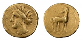 Zeugitania, Carthage. Fifth-stater; Zeugitania, Carthage; c. 350-320 BC, EL 1/5 Stater, 1.85g. Jenkins-122/123. Obv: Head of Tanit l. with single drop...
