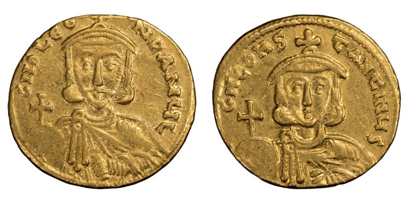 Leo III with Constantine V. Solidus; Leo III with Constantine V; 717-741 AD, Con...