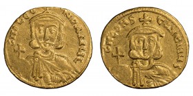 Leo III with Constantine V. Solidus; Leo III with Constantine V; 717-741 AD, Constantinople, Solidus, 4.35g. Berk-216 var., DO-3 var., Sear-1504. Obv:...
