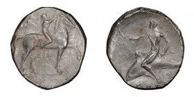 Calabria, Tarentum. Stater; Calabria, Tarentum; c. 340-325 BC, Stater, 7.87g. Vlasto-503. Obv: Nude horseman r., crowning horse and being crowned by N...