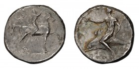 Calabria, Tarentum. Stater; Calabria, Tarentum; c. 340-325 BC, Stater, 7.66g. Vlasto-503, Fischer-Bossert-785. Obv: Nude horseman r., crowning horse a...