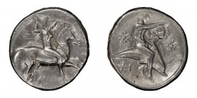 Calabria, Tarentum. Stater; Calabria, Tarentum; c. 340-325 BC, Stater, 7.82g. Fischer-Bossert-747, Vlasto-538. Obv: Naked rider on prancing horse r., ...