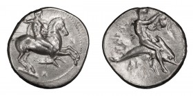 Calabria, Tarentum. Stater; Calabria, Tarentum; c. 340-325 BC, Stater, 7.95g. Fischer-Bossert-729, Vlasto-555. Obv: Naked rider on prancing horse r., ...