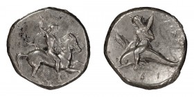 Calabria, Tarentum. Stater; Calabria, Tarentum; c. 325-281 BC, Stater, 7.75g. Fischer-Bossert-1070, Vlasto-579. Obv: Naked rider on prancing horse r.,...
