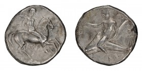 Calabria, Tarentum. Stater; Calabria, Tarentum; c. 325-281 BC, Stater, 7.86g. Vlasto-636. Obv: Naked rider on prancing horse r., lancing downwards; be...