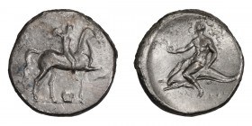 Calabria, Tarentum. Stater; Calabria, Tarentum; c. 325-281 BC, Stater, 7.76g. Vlasto-657. Obv: Naked horseman r., crowning himself, S? and Ionic capit...