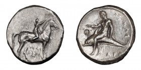 Calabria, Tarentum. Stater; Calabria, Tarentum; c. 302-281 BC, Stater, 7.83g. Vlasto-673, HN Italy-960. Obv: Youth on horseback r. crowning horse; SA ...