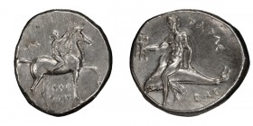 Calabria, Tarentum. Stater; Calabria, Tarentum; c. 302-281 BC, Stater, 7.98g. Vlasto-666, HN Italy-957. Obv: Youth on horseback r., crowning horse; SA...