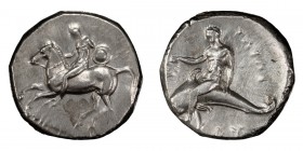 Calabria, Tarentum. Stater; Calabria, Tarentum; c. 302-281 BC, Stater, 7.93g. Vlasto-688, HN Italy-965. Obv: Youth on horseback galloping l., holding ...