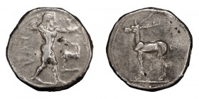 Bruttium, Caulonia. Stater; Bruttium, Caulonia; c. 475-425 BC, Stater, 8.00g. HN Italy-2044, SNG ANS-166. Obv: Apollo Catharsius holding lustral branc...