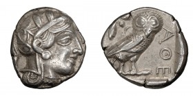 Attica, Athens. Tetradrachm; Attica, Athens; Tetradrachm, c. 430 BC, 17.11g. Obv: Helmeted head of Athena r.; three small upright olive leaves on fron...