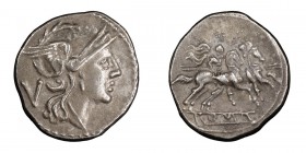 Anonymous. Quinarius; Anonymous; from 211 BC, Quinarius, 2.05g. Cr-44/6. Obv: Helmeted head of Roma r., V behind. Rx: Dioscuri riding r., ROMA in line...