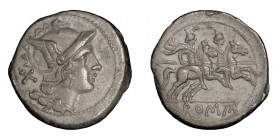 Anonymous. Denarius; Anonymous; after 211 BC, Denarius, 3.72g. Cr-53/2. Obv: Helmeted head of Roma r., X behind. Rx: Dioscuri riding r., ROMA in linea...