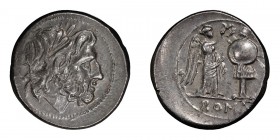 Anonymous. Double-victoriatus; Anonymous; 211-208 BC, Victoriatus, 3.36g. Cr-70/1. Obv: Head of Jupiter r. Rx: Victory crowning trophy, ROMA in exergu...