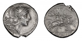 Anonymous: Spearhead to r.. Denarius; Anonymous: Spearhead to r.; 209 BC, Denarius, 4.26g. Cr-88/2b, Syd-222. Obv: Helmeted head of Roma r., X behind....