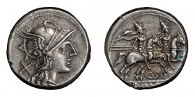 C. Scribonius. Denarius; C. Scribonius; 154 BC, Denarius, 4.20g. Cr-201/1, Syd-380, RSC Scribonia-1. Obv: Helmeted head of Roma r. Rx: The Dioscuri ri...