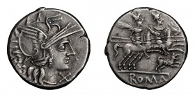 C. Antestius. Denarius; C. Antestius; 146 BC, Denarius, 4.06g. Cr-219/1e, Syd-411, RSC Antestia-1. Obv: Head of Roma r., C ANTESTI behind, X below chi...