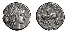 Sex. Pompeius Fostlus. Denarius; Sex. Pompeius Fostlus; 137 BC, Denarius, 3.98g. Cr-235/1c, Syd-461a, RSC Pompeia-1a. Obv: Head of Roma r., X below ch...