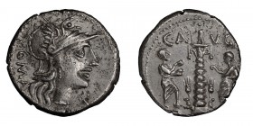 C. Augurinus. Denarius; C. Augurinus; 135 BC, Denarius, 3.55g. Cr-242/1, Syd-463, RSC Minucia-3. Obv: Helmeted head of Roma r., ROMA behind, X under c...