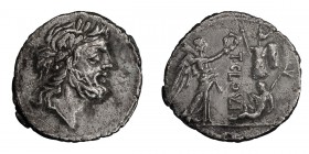 T. Cloelius. Quinarius; T. Cloelius; 128 BC, Quinarius, 1.81g. Cr-332/1, Syd-586, RSC Cloulia-2. Obv: Head of Jupiter r.; control letter off flan. Rx:...