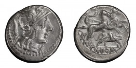 Cn. Domitius Ahenobarbus. Denarius; Cn. Domitius Ahenobarbus; 128 BC, Denarius, 3.90g. Syd-514, Cr-261/1, RSC Domitia-14. Obv: Helmeted head of Roma r...