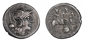 T. Quinctius Flamininus. Denarius; T. Quinctius Flamininus; 126 BC, Denarius, 3.08g. Cr-267/1, Syd-505, RSC Quinctia-2. Obv: Head of Roma r., flamen's...