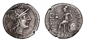 Numerius Fabius Pictor. Denarius; Numerius Fabius Pictor; 126 BC, Denarius, 3.84g. Cr-268/1a, Syd-517, RSC Fabia-11a. Obv: Head of Roma r. Rx: Q. Fabi...