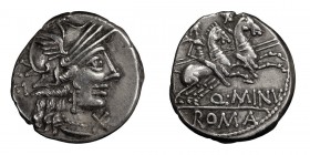 Q. Minucius Rufus. Denarius; Q. Minucius Rufus; 122 BC, Denarius, 3.42g. Cr-277/1, Syd-421, RSC Minucia-1. Obv: Helmeted head of Roma r., RVF behind, ...
