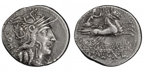Marcus Calidius, Q. Metellus and Cn. Fulvius. Denarius; Marcus Calidius, Q. Metellus and Cn. Fulvius; 117-116 BC, Denarius, 3.93g. Cr-284/1a, Syd-539....