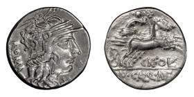 Cn. Fulvius, M. Calidius & Q. Metellus. Denarius; Cn. Fulvius, M. Calidius & Q. Metellus; 117-116 BC, Denarius, 3.94g. Cr-284/1b, Syd-539a, RSC Fulvia...