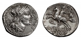 M. Sergius Silus. Denarius; M. Sergius Silus; 116-115 BC, Denarius, 3.94g. Cr-286/1, Syd-534, RSC Sergia-1. Obv: Head of Roma r., EX SC before, ROMA a...