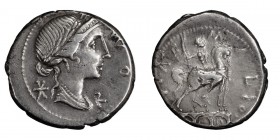 Man. Aemilius Lepidus. Denarius; Man. Aemilius Lepidus; 114-113 BC, Denarius, 3.89g. Cr-291/1, Syd-554, RSC Aemilia-7. Obv: Head of Roma r., ROM[A] be...